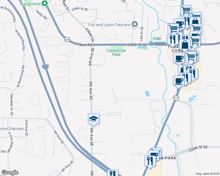map of restaurants, bars, coffee shops, grocery stores, and more near 21228 11th Drive Southeast in Bothell