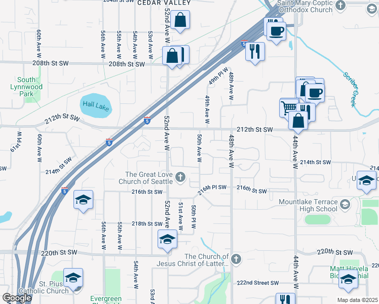 map of restaurants, bars, coffee shops, grocery stores, and more near 5032 212th Street Southwest in Mountlake Terrace