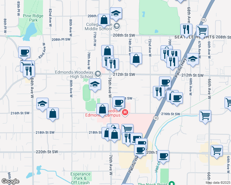 map of restaurants, bars, coffee shops, grocery stores, and more near 7527 215th Street Southwest in Edmonds