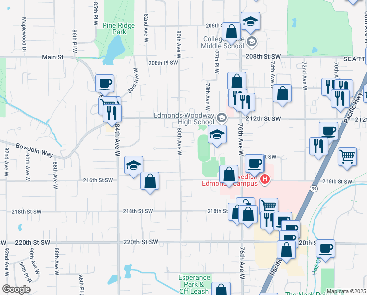 map of restaurants, bars, coffee shops, grocery stores, and more near 21402 80th Avenue West in Edmonds