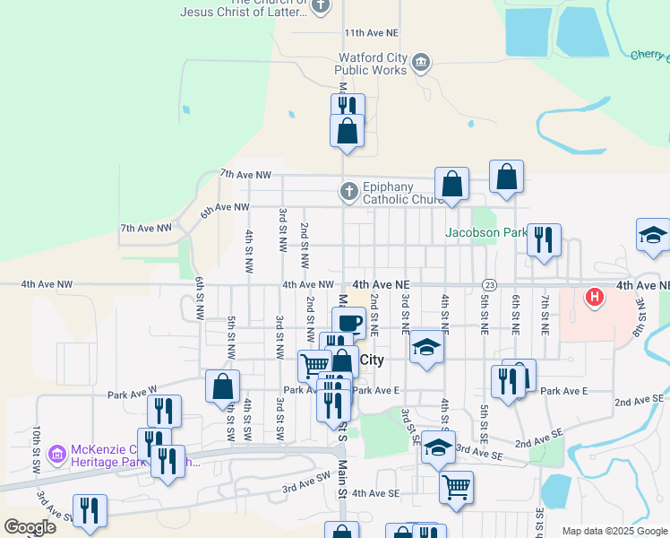 map of restaurants, bars, coffee shops, grocery stores, and more near 405 Main Street North in Watford City