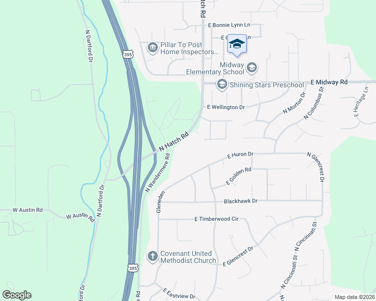 map of restaurants, bars, coffee shops, grocery stores, and more near 16320 North Hatch Road in Colbert