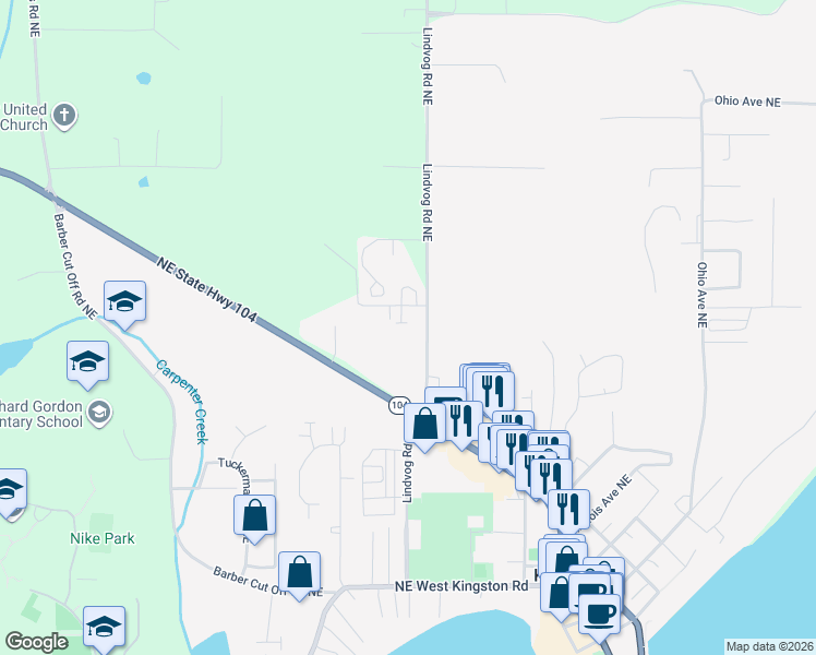 map of restaurants, bars, coffee shops, grocery stores, and more near 10713 Northeast Rhody Way in Kingston