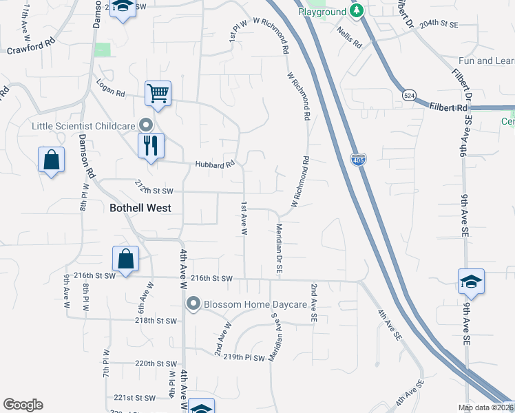 map of restaurants, bars, coffee shops, grocery stores, and more near 213th Place Southwest in Bothell