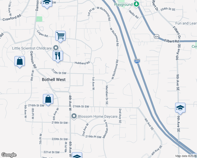 map of restaurants, bars, coffee shops, grocery stores, and more near 10 213th Street Southwest in Bothell