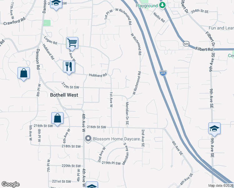 map of restaurants, bars, coffee shops, grocery stores, and more near 10 213th Street Southwest in Bothell