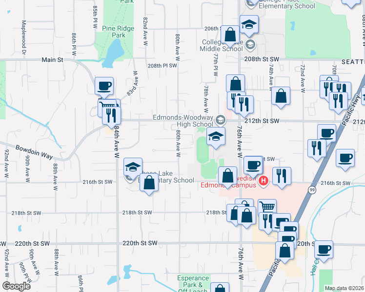 map of restaurants, bars, coffee shops, grocery stores, and more near 21402 80th Avenue West in Edmonds