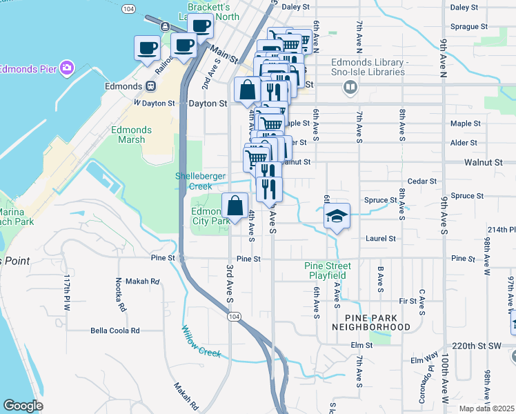 map of restaurants, bars, coffee shops, grocery stores, and more near 534 4th Avenue South in Edmonds