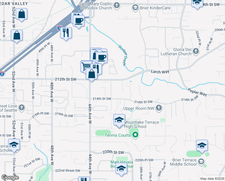 map of restaurants, bars, coffee shops, grocery stores, and more near 21303 41st Court West in Mountlake Terrace