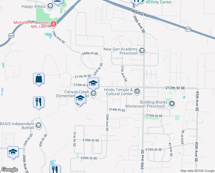 map of restaurants, bars, coffee shops, grocery stores, and more near 17200 35th Avenue Southeast in Bothell