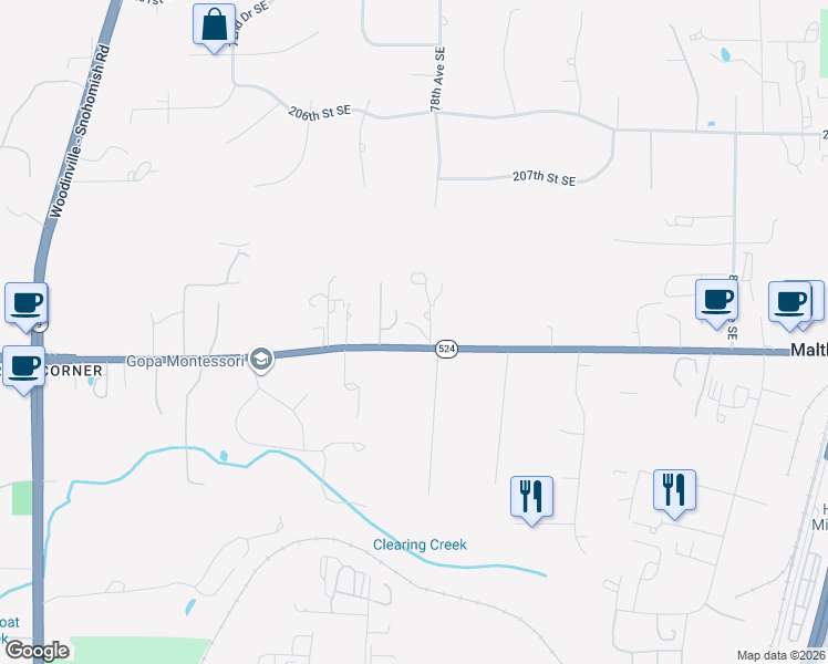 map of restaurants, bars, coffee shops, grocery stores, and more near 21212 78th Avenue Southeast in Woodinville