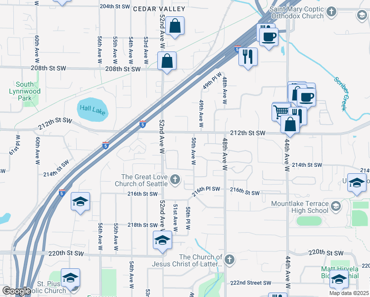 map of restaurants, bars, coffee shops, grocery stores, and more near 5032 212th Street Southwest in Mountlake Terrace