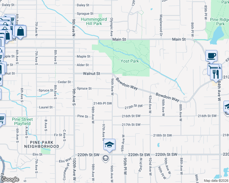 map of restaurants, bars, coffee shops, grocery stores, and more near 21420 95th Place West in Edmonds