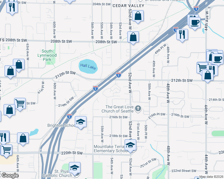 map of restaurants, bars, coffee shops, grocery stores, and more near 5424 212th Street Southwest in Mountlake Terrace