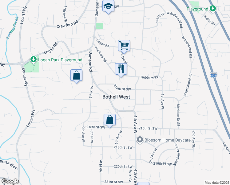 map of restaurants, bars, coffee shops, grocery stores, and more near in Bothell West