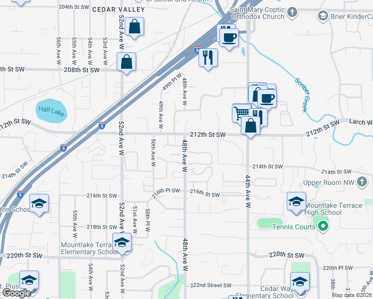 map of restaurants, bars, coffee shops, grocery stores, and more near 21404 48th Avenue West in Mountlake Terrace