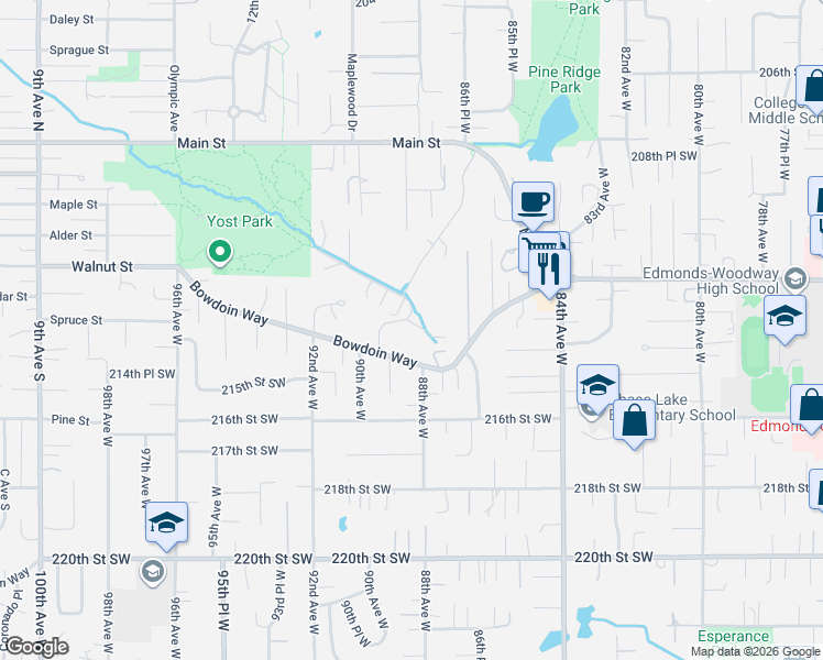 map of restaurants, bars, coffee shops, grocery stores, and more near 8813 Bowdoin Way in Edmonds