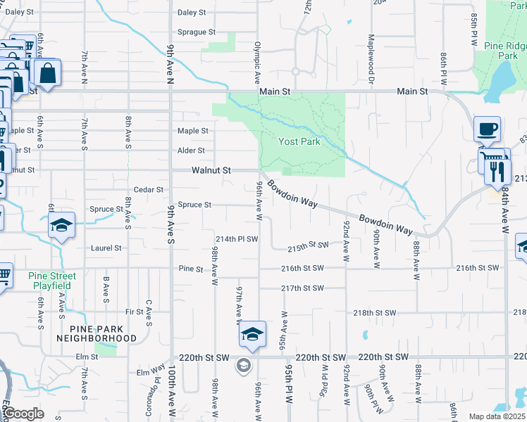 map of restaurants, bars, coffee shops, grocery stores, and more near 21420 95th Place West in Edmonds
