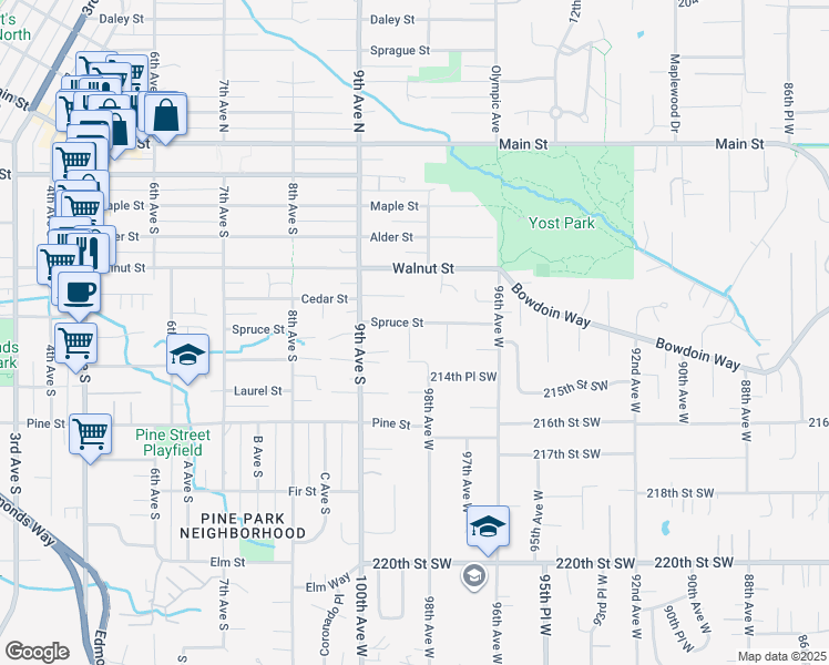 map of restaurants, bars, coffee shops, grocery stores, and more near 725 9th Avenue South in Edmonds