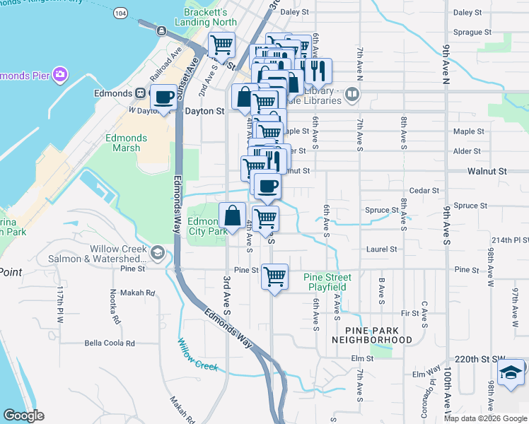 map of restaurants, bars, coffee shops, grocery stores, and more near 613 5th Avenue South in Edmonds