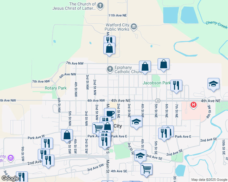 map of restaurants, bars, coffee shops, grocery stores, and more near 2nd Street Northeast in Watford City