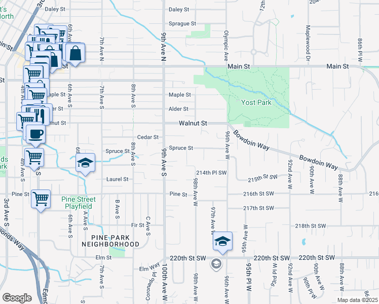 map of restaurants, bars, coffee shops, grocery stores, and more near 725 9th Avenue South in Edmonds