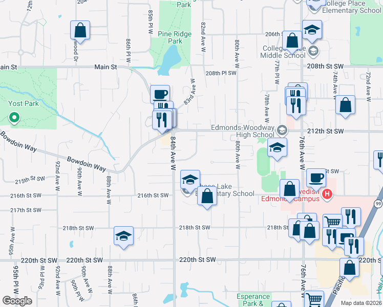 map of restaurants, bars, coffee shops, grocery stores, and more near 8305 214th Place Southwest in Edmonds