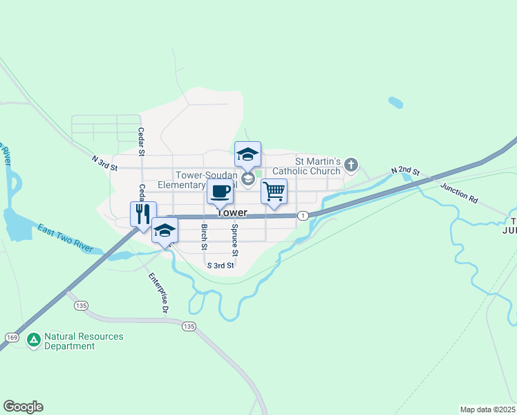 map of restaurants, bars, coffee shops, grocery stores, and more near 316 Main Street in Tower