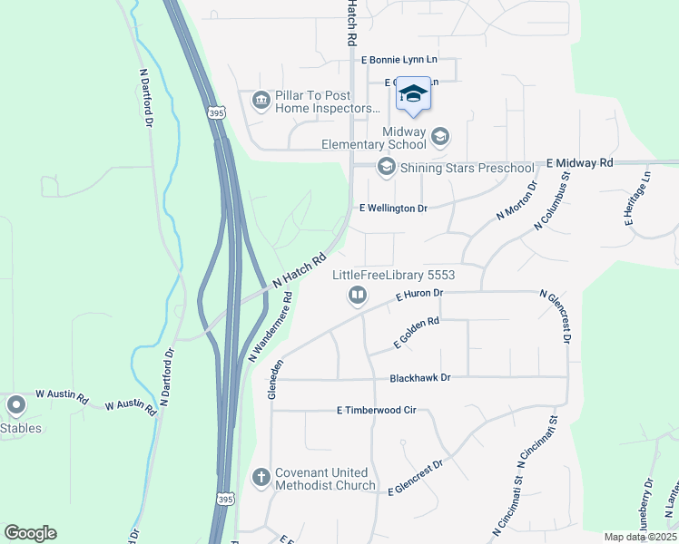 map of restaurants, bars, coffee shops, grocery stores, and more near 16320 North Hatch Road in Colbert
