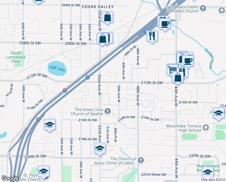 map of restaurants, bars, coffee shops, grocery stores, and more near 5032 212th Street Southwest in Mountlake Terrace