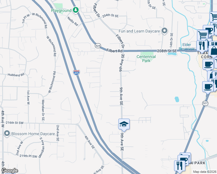 map of restaurants, bars, coffee shops, grocery stores, and more near 21105 Royal Anne Road in Bothell
