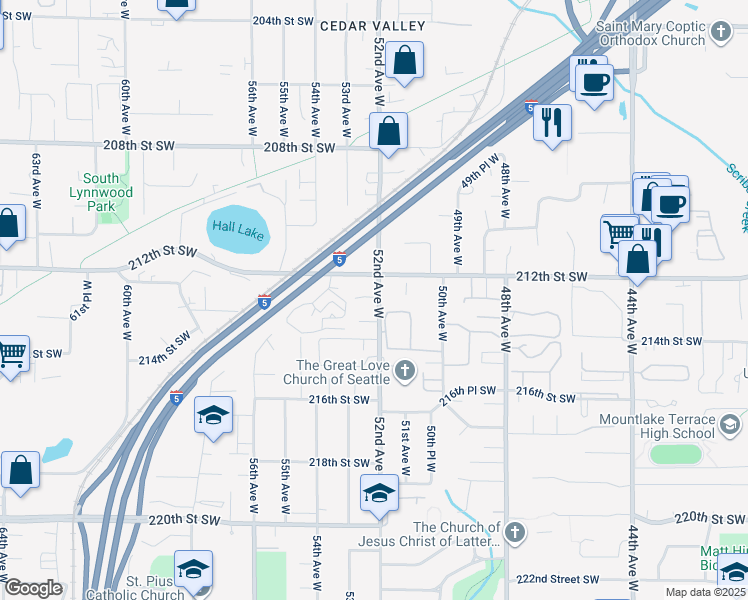 map of restaurants, bars, coffee shops, grocery stores, and more near 5222 212th Street Southwest in Mountlake Terrace