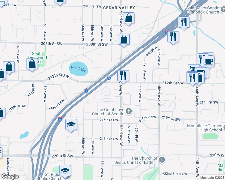 map of restaurants, bars, coffee shops, grocery stores, and more near 5222 212th Street Southwest in Mountlake Terrace