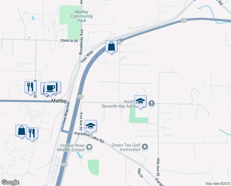 map of restaurants, bars, coffee shops, grocery stores, and more near 21004 95th Avenue Southeast in Snohomish