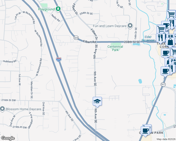 map of restaurants, bars, coffee shops, grocery stores, and more near 21108 9th Avenue Southeast in Bothell