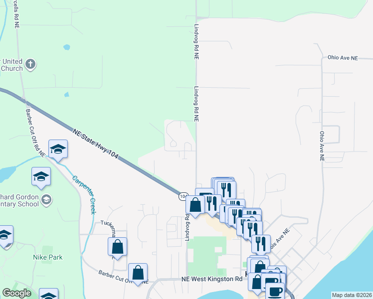 map of restaurants, bars, coffee shops, grocery stores, and more near 10589 Northeast Kingston Meadow Circle in Kingston