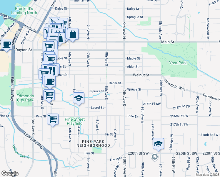 map of restaurants, bars, coffee shops, grocery stores, and more near 619 8th Avenue South in Edmonds