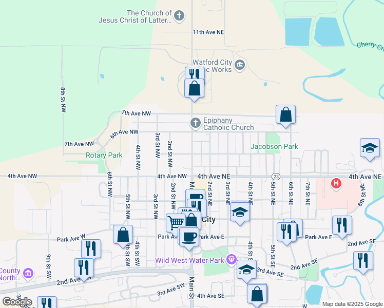 map of restaurants, bars, coffee shops, grocery stores, and more near Main Street North in Watford City