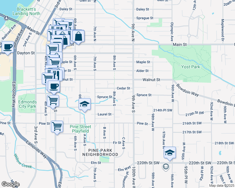 map of restaurants, bars, coffee shops, grocery stores, and more near 619 8th Avenue South in Edmonds