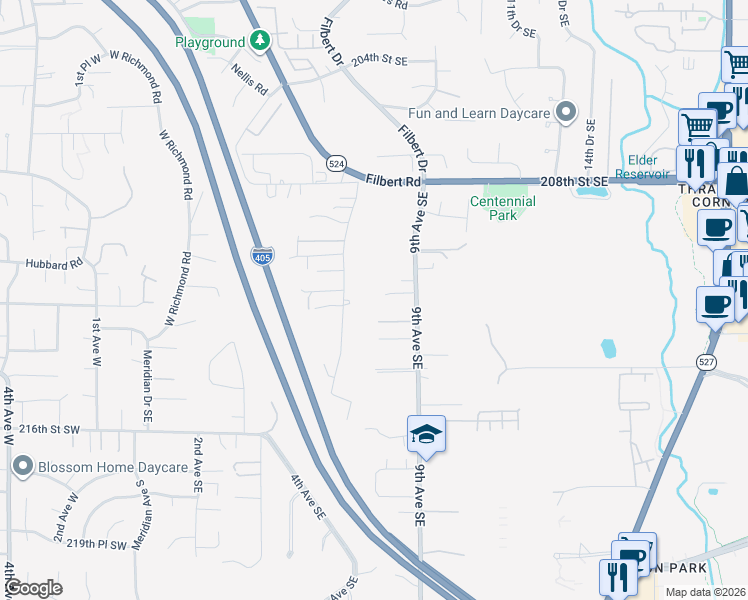 map of restaurants, bars, coffee shops, grocery stores, and more near 21105 Royal Anne Road in Bothell