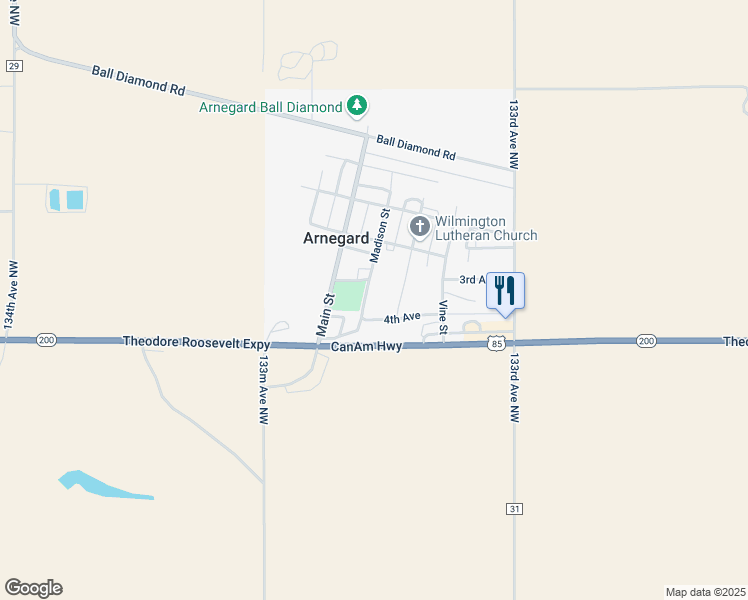 map of restaurants, bars, coffee shops, grocery stores, and more near 3rd Avenue in Arnegard
