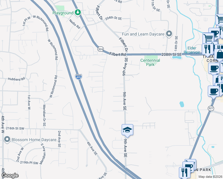 map of restaurants, bars, coffee shops, grocery stores, and more near 21105 Royal Anne Road in Bothell