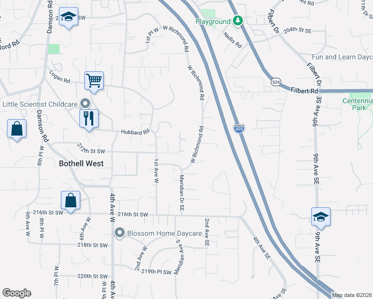 map of restaurants, bars, coffee shops, grocery stores, and more near 21120 West Richmond Road in Bothell