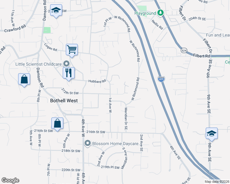 map of restaurants, bars, coffee shops, grocery stores, and more near 21121 Meridian Place West in Bothell