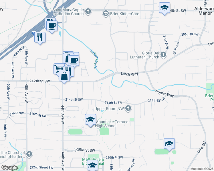 map of restaurants, bars, coffee shops, grocery stores, and more near 21216 38th Place West in Brier