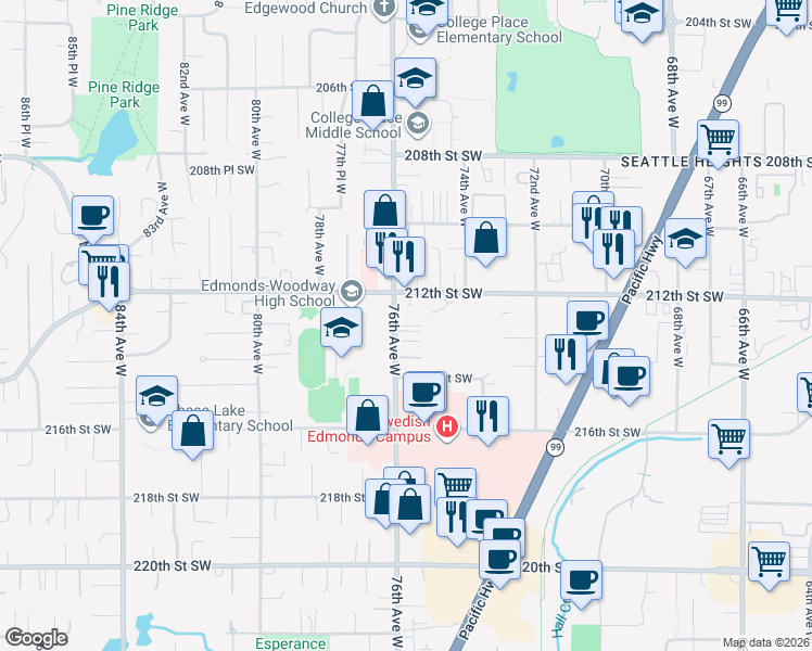 map of restaurants, bars, coffee shops, grocery stores, and more near 21225 76th Avenue West in Edmonds