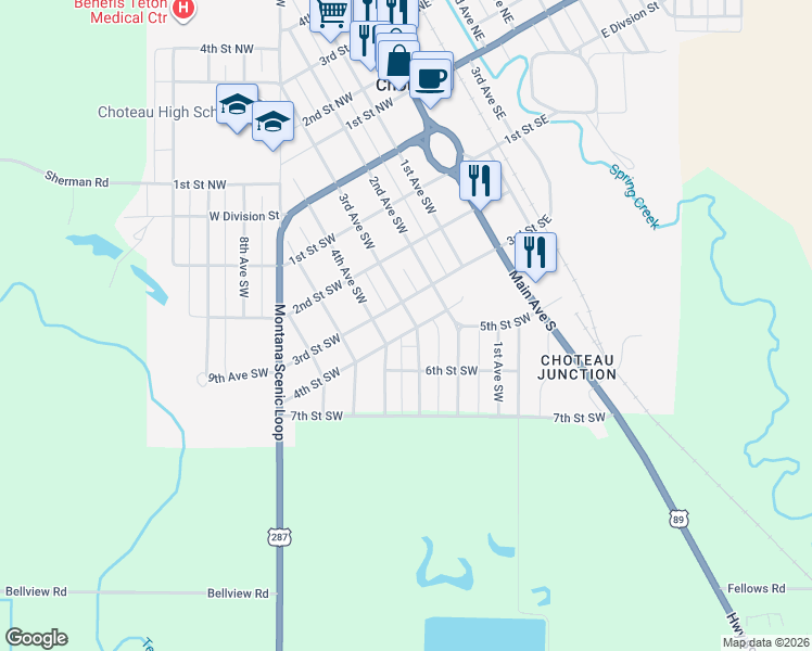 map of restaurants, bars, coffee shops, grocery stores, and more near 303 3rd Avenue Southwest in Choteau
