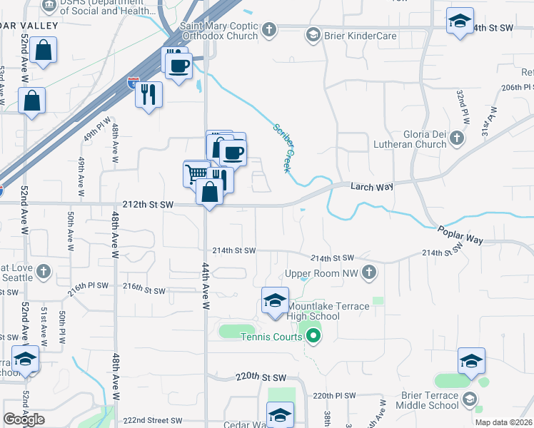map of restaurants, bars, coffee shops, grocery stores, and more near 4118 212th Street Southwest in Mountlake Terrace
