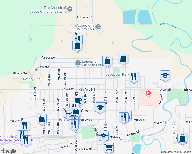 map of restaurants, bars, coffee shops, grocery stores, and more near 300 5th Avenue Northeast in Watford City
