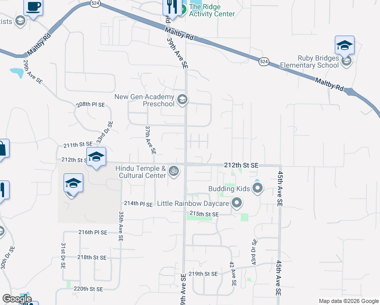 map of restaurants, bars, coffee shops, grocery stores, and more near 21030 39th Avenue Southeast in Bothell